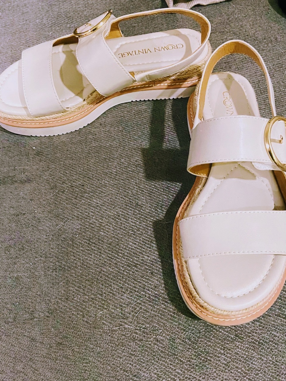 Crown Vintage Cream Platform Slingback Sandals with Gold Buckle Accent